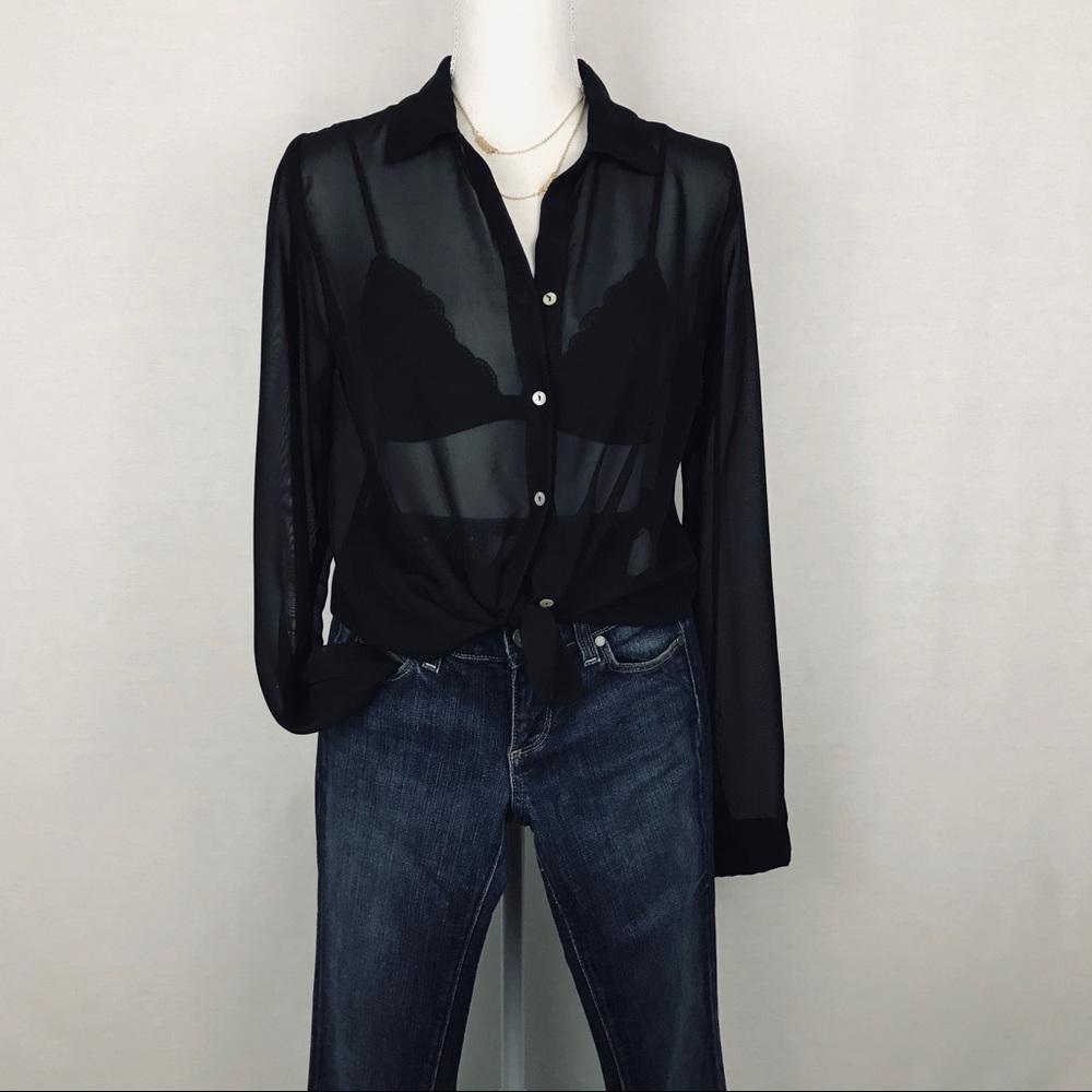 Sheer black collared button down